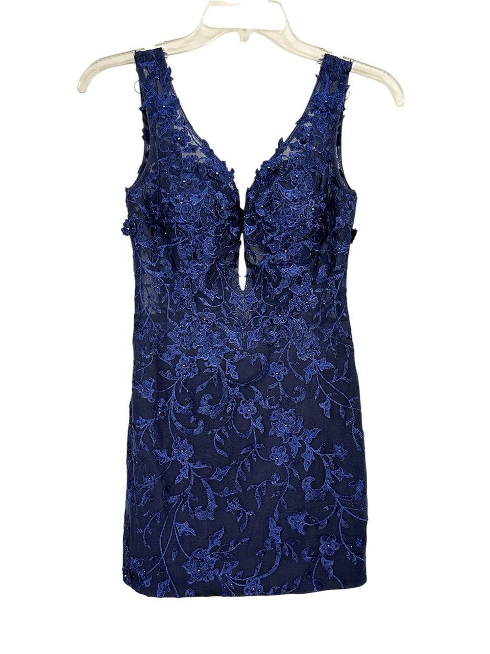 JVN Jovani Mini Dress Blue Embroidered Floral Sleeveless Plunge Neckline Size 0